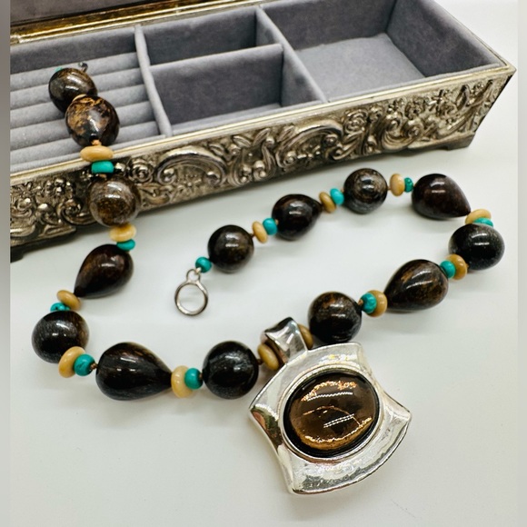 Vintage Simon Sebbag Designer Silver Turquoise Stone Necklace RARE - Picture 1 of 17